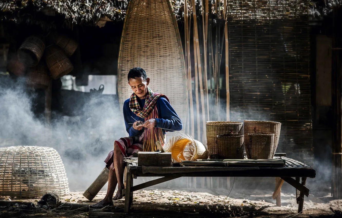 Photo wallpaper man, child, asian, villager