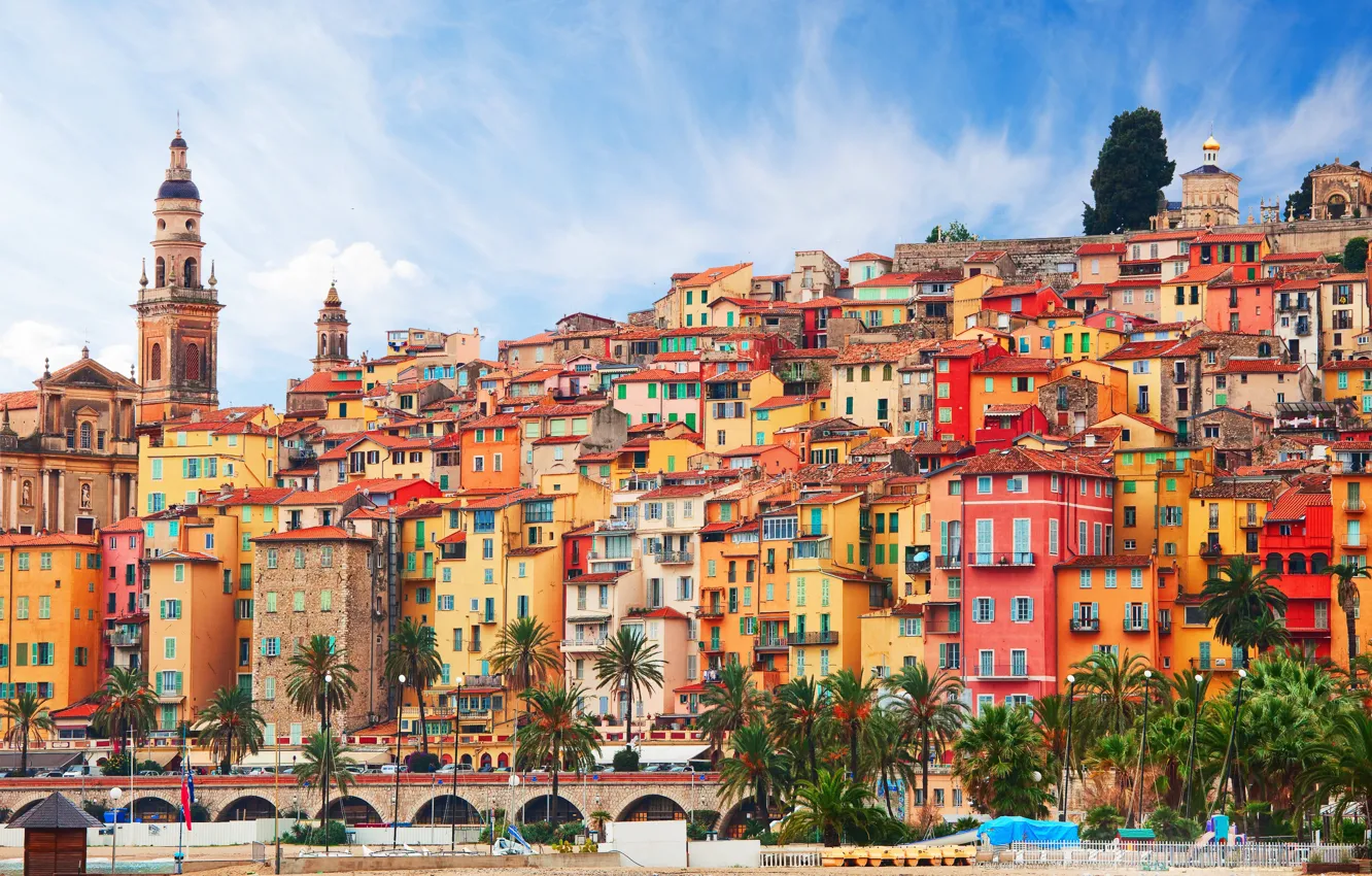 Photo wallpaper bridge, palm trees, France, home, Provence, Cote d'azur, Menton