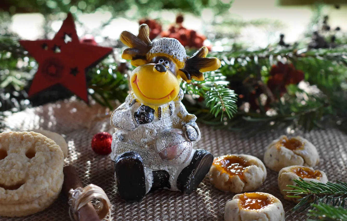 Photo wallpaper winter, holiday, toy, star, deer, cookies, Christmas, New year
