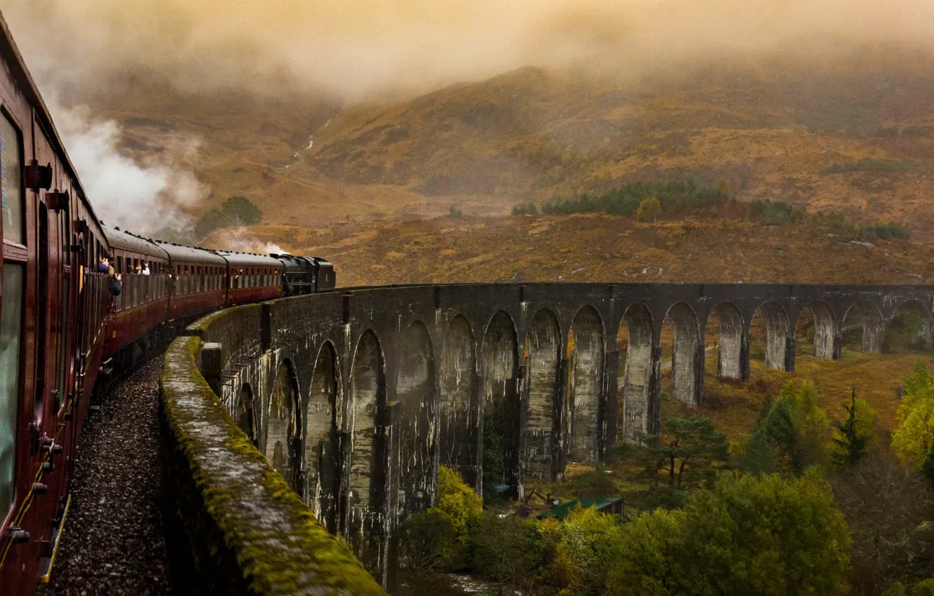 Photo wallpaper bridge, train, the engine, cars, arch, composition, Glenfinnan Viaduct, Glenfinnan Viaduct