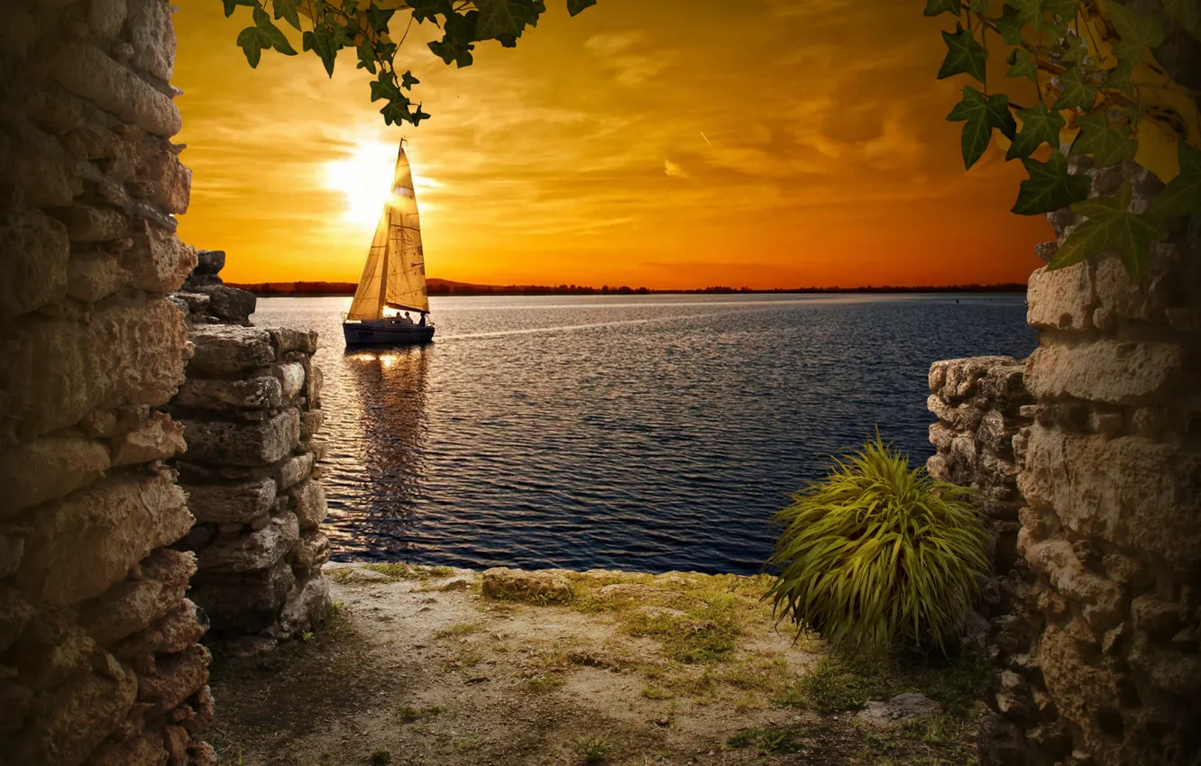 Photo wallpaper the sky, sunset, lake, boat, yacht, window, the ruins, sail