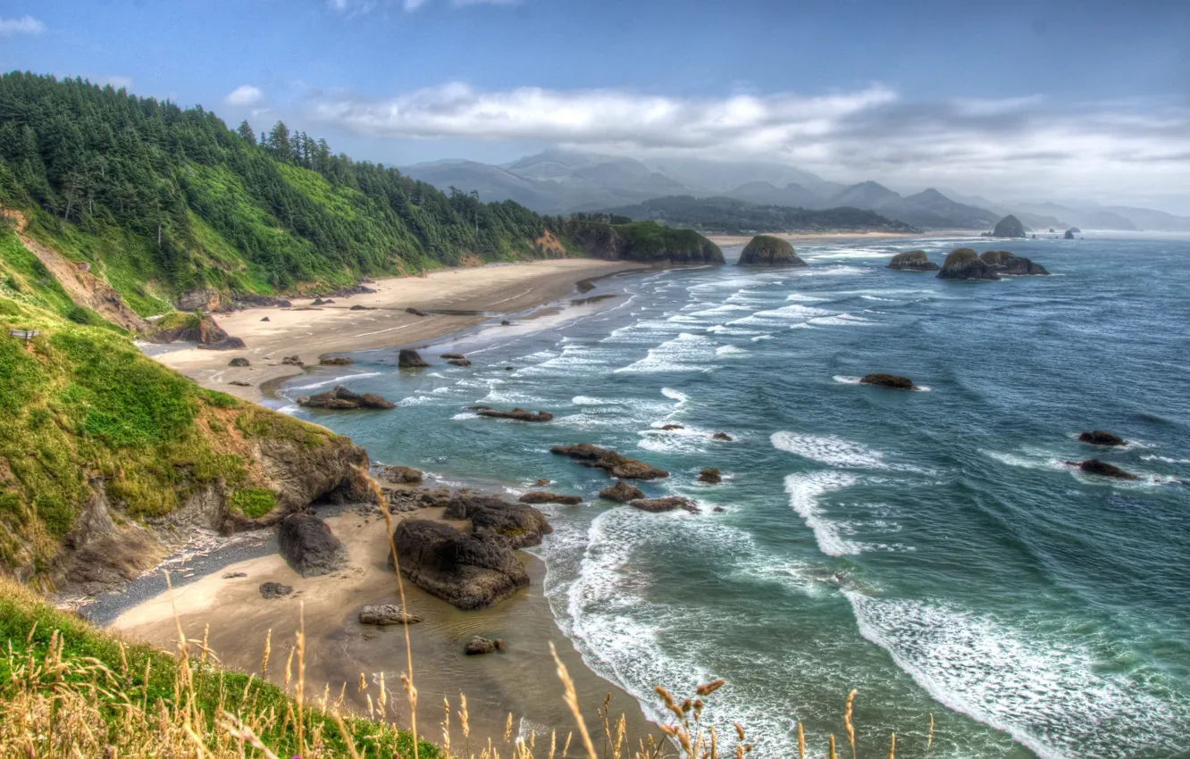 Photo wallpaper sea, wave, the sky, grass, water, clouds, mountains, stones