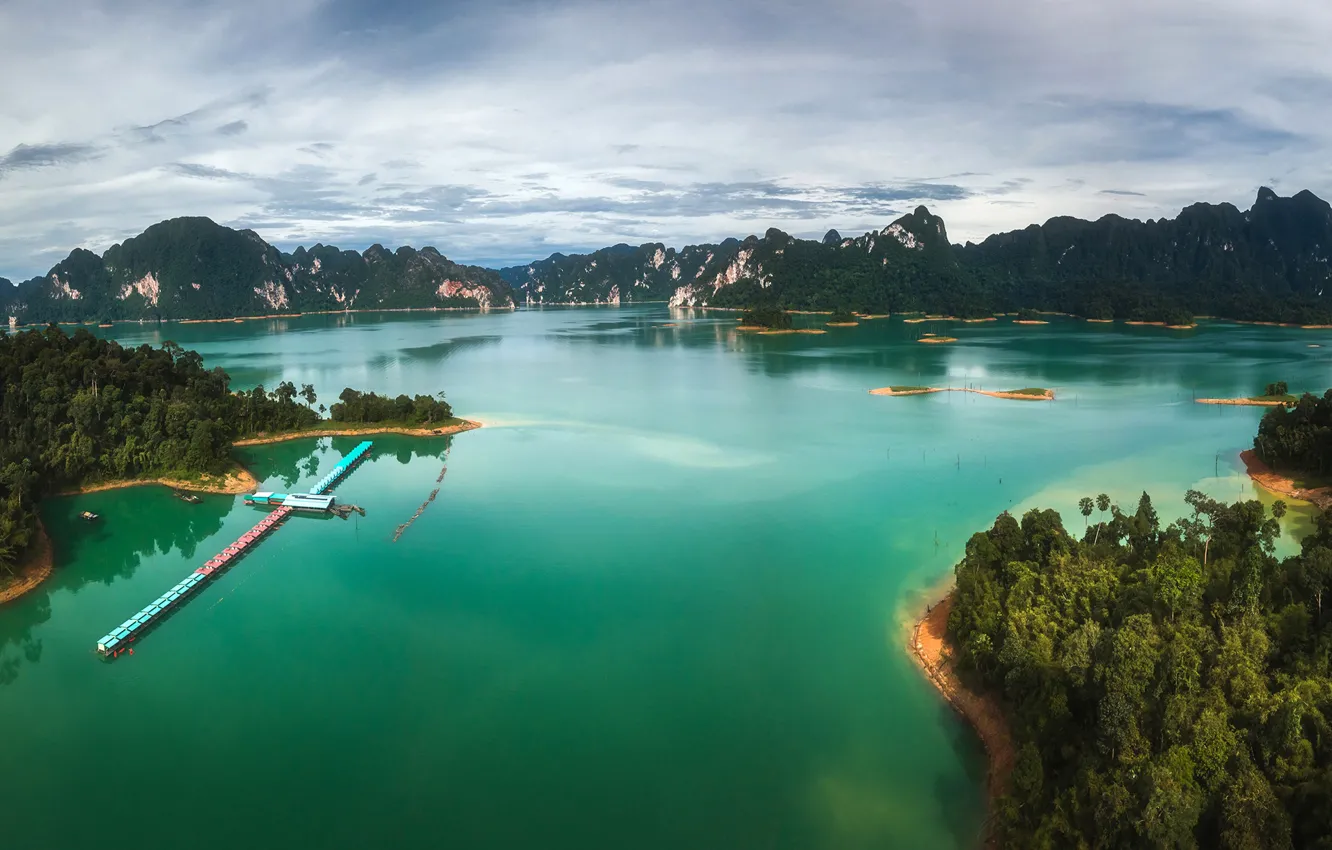 Photo wallpaper sea, the sky, clouds, trees, mountains, tropics, rocks, panorama