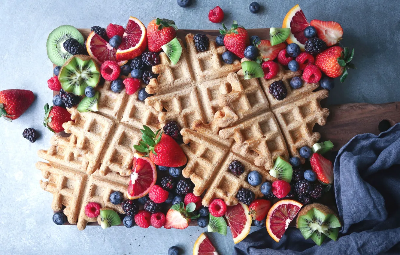 Photo wallpaper berries, raspberry, orange, kiwi, strawberry, waffles, BlackBerry, blueberries