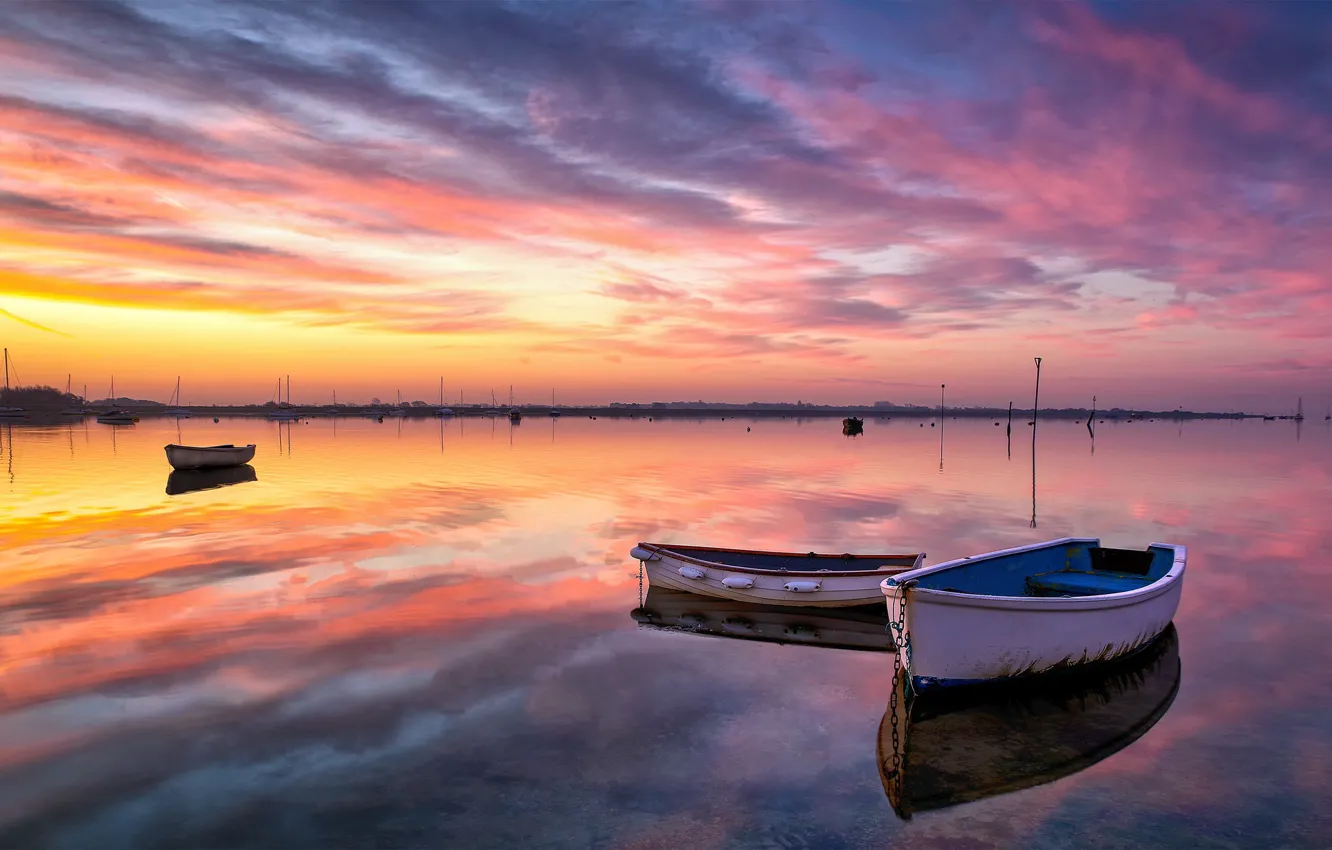 Photo wallpaper sunset, lake, boat