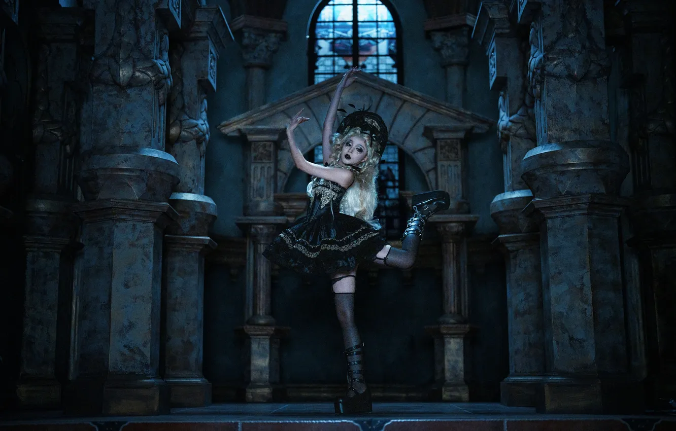 Photo wallpaper dark, woman, model, dance, cosplay, asian, high heels, indoor