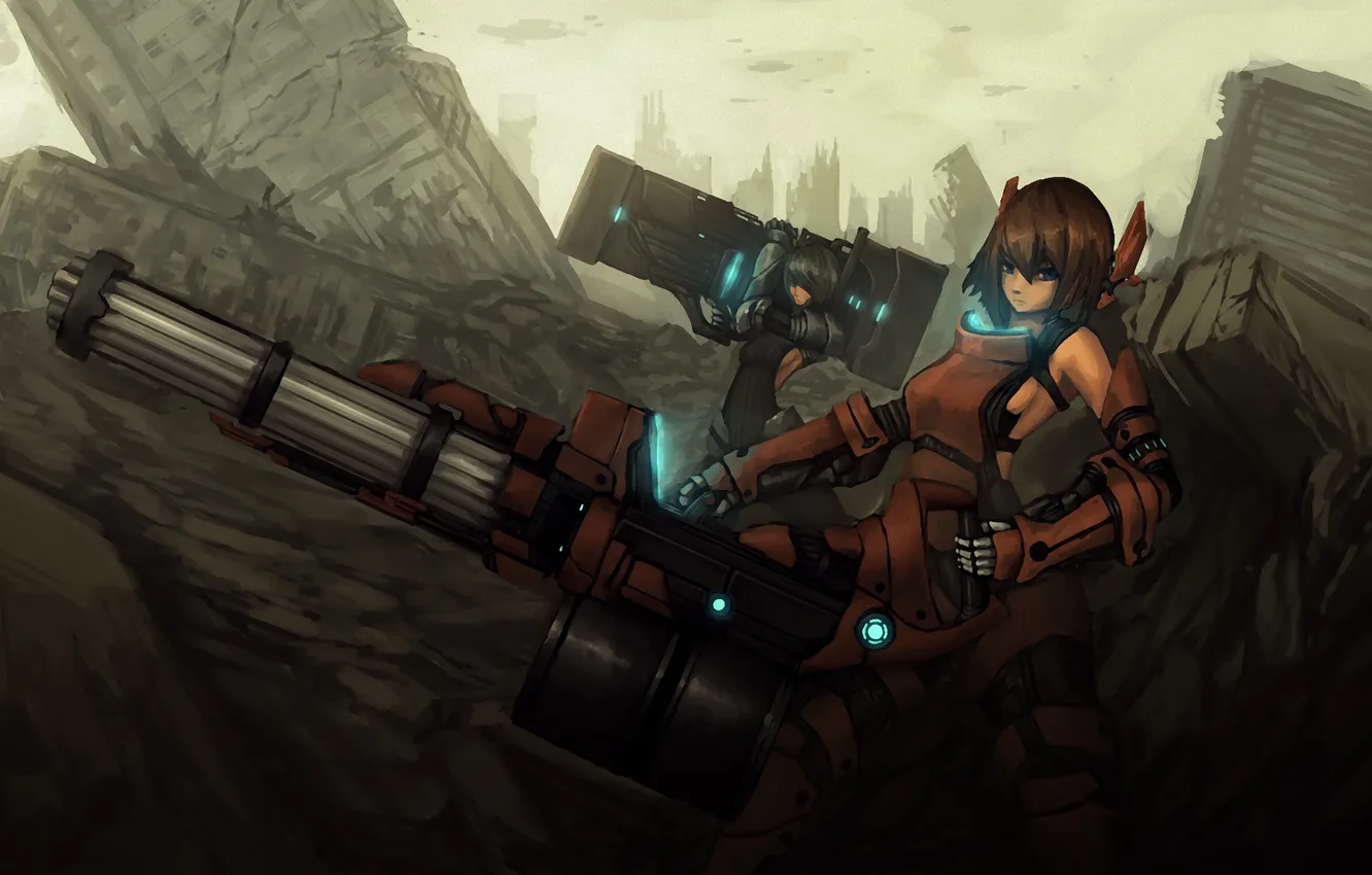 Photo wallpaper girl, the city, weapons, destruction, art, Ishutani, ekzoskelet