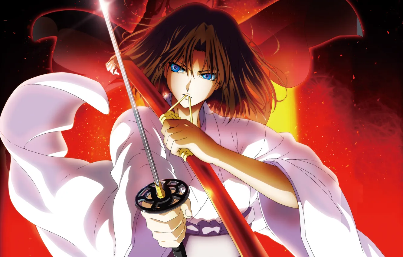 Photo wallpaper girl, flame, sword, katana, sparks, kimono, boundary of emptiness, Kara no Kyoukai