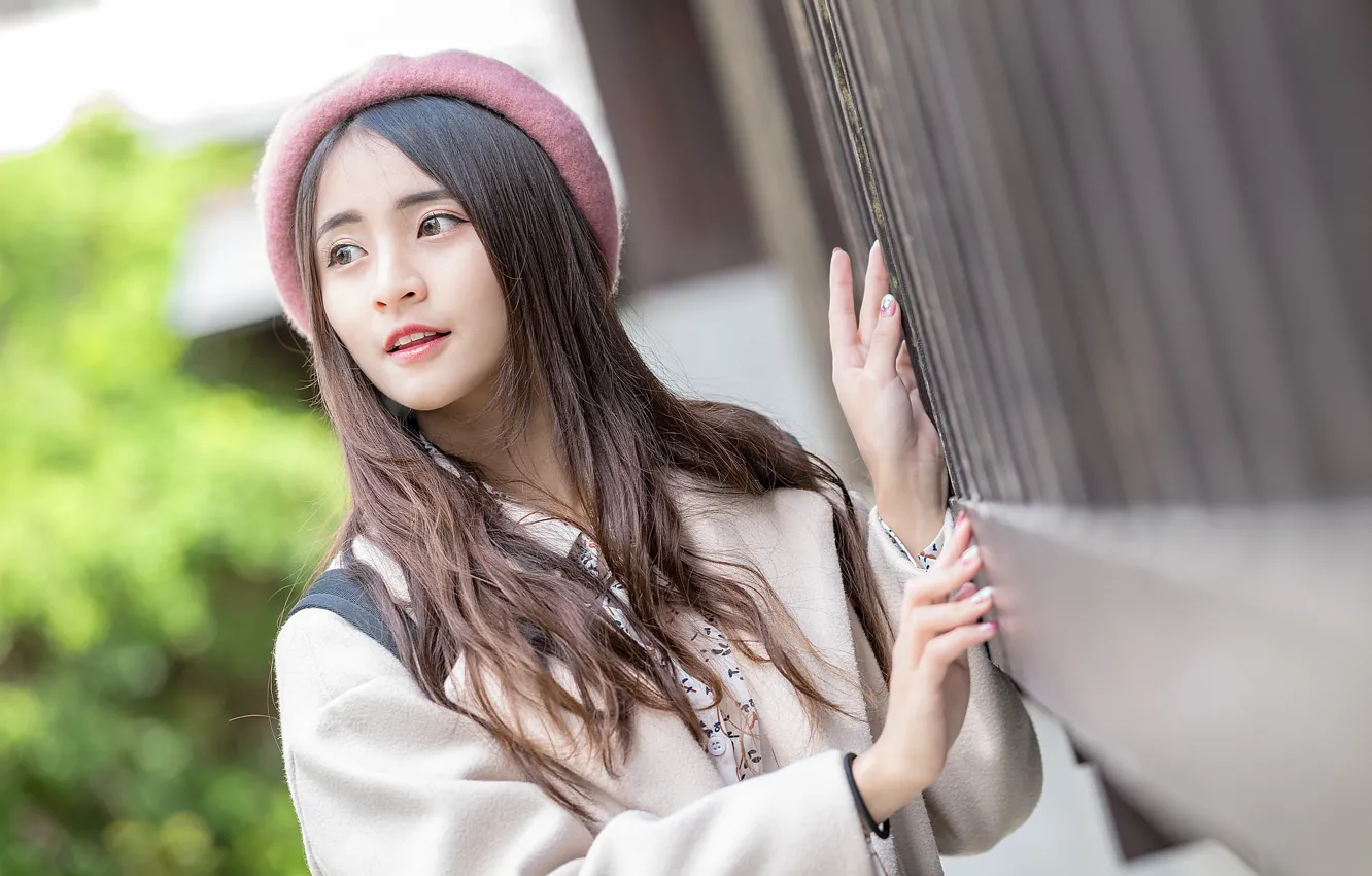 Photo wallpaper look, girl, Asian, takes, bokeh