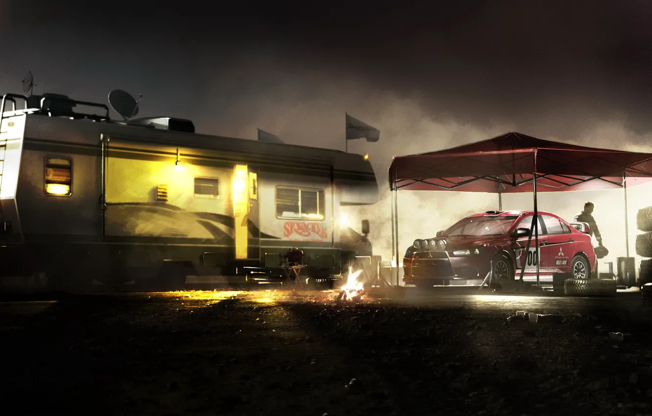 Photo wallpaper machine, night, lights, people, tires, canopy, trailer, Colin McRae: Dirt 2