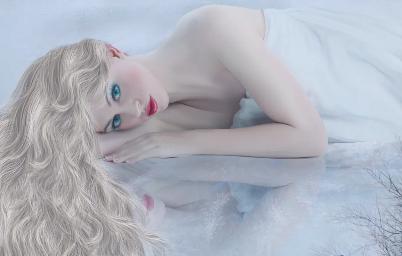 Photo wallpaper white, eyes, look, girl, face, reflection, hands, makeup