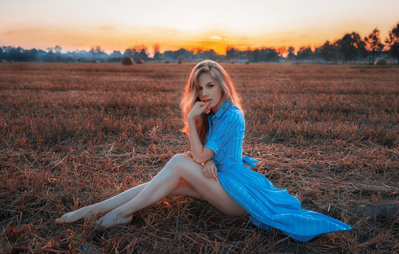 Photo wallpaper field, the sky, girl, blue, feet, dress, blonde, hay