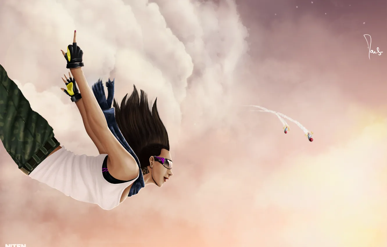 Photo wallpaper girl, clouds, flight, smile, rocket, piercing, middle finger