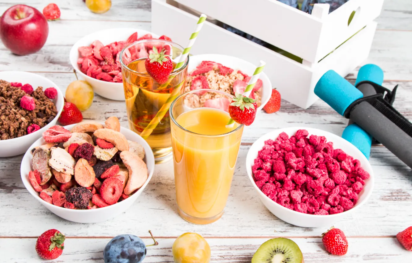 Photo wallpaper berries, food, Breakfast, juice, cereal, granola