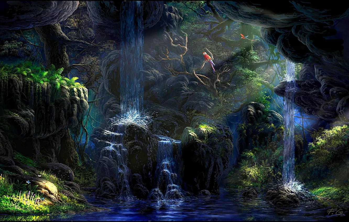 Photo wallpaper forest, water, rays, trees, birds, waterfall, jungle, Fel-X