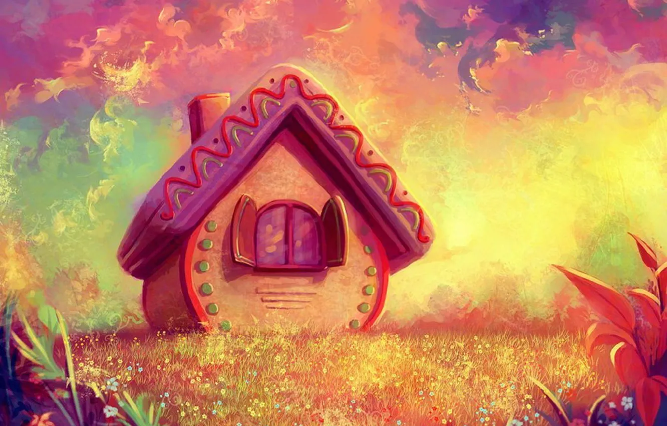 Photo wallpaper graphics, fairy forest, fairy house, yellow-pink background, fantasy worlds