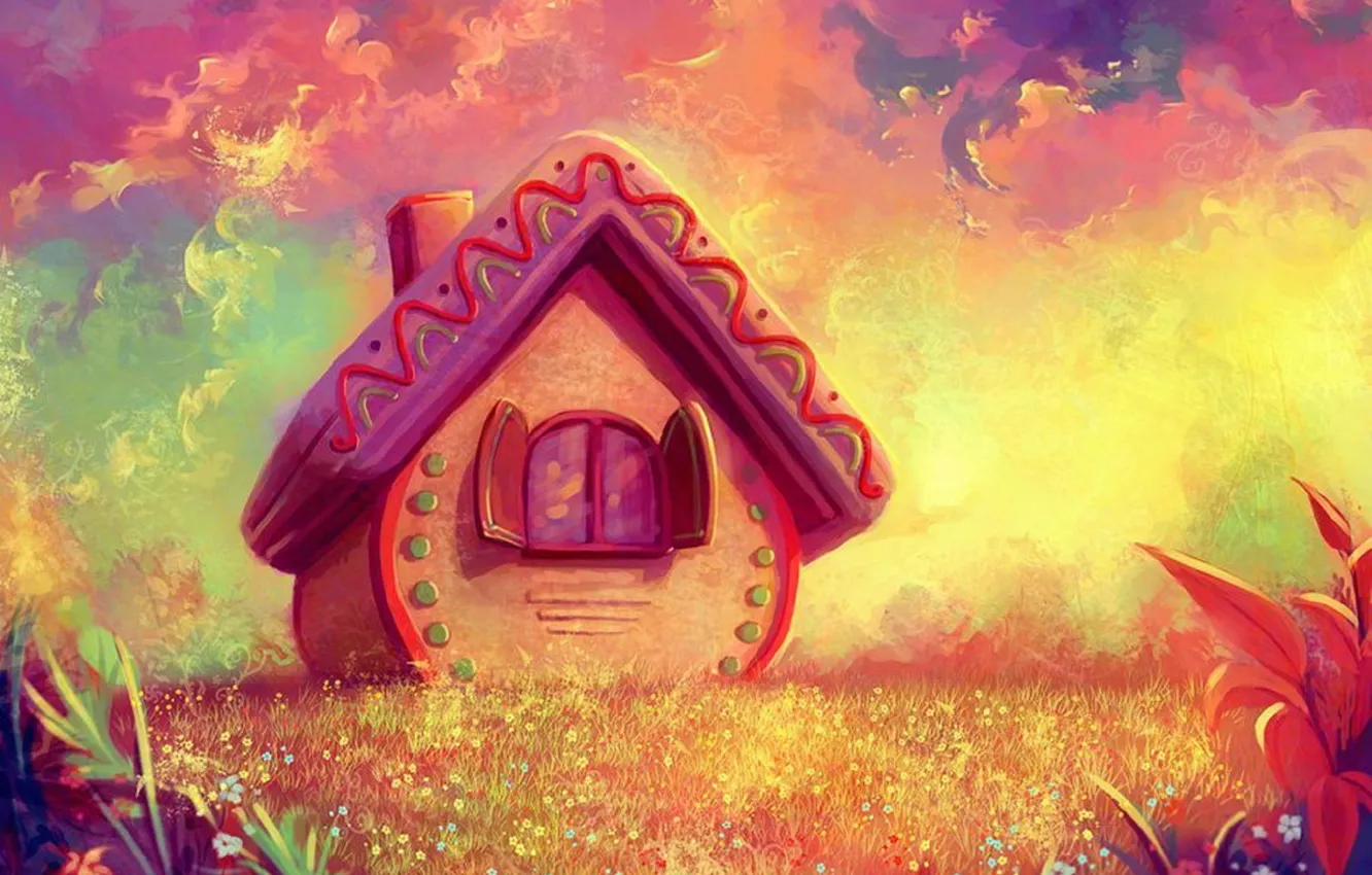 Photo wallpaper graphics, fairy forest, fairy house, fantasy world, yellow-pink background