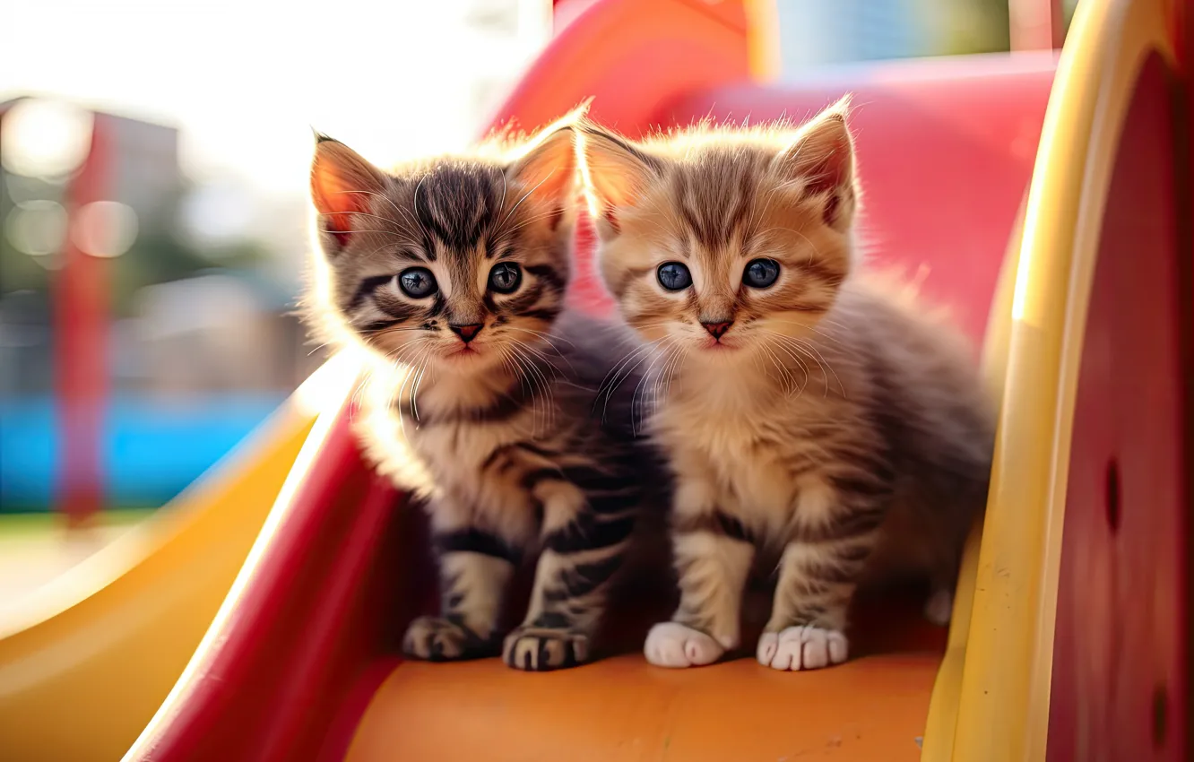 Photo wallpaper cat, look, light, pose, grey, baby, slide, railings