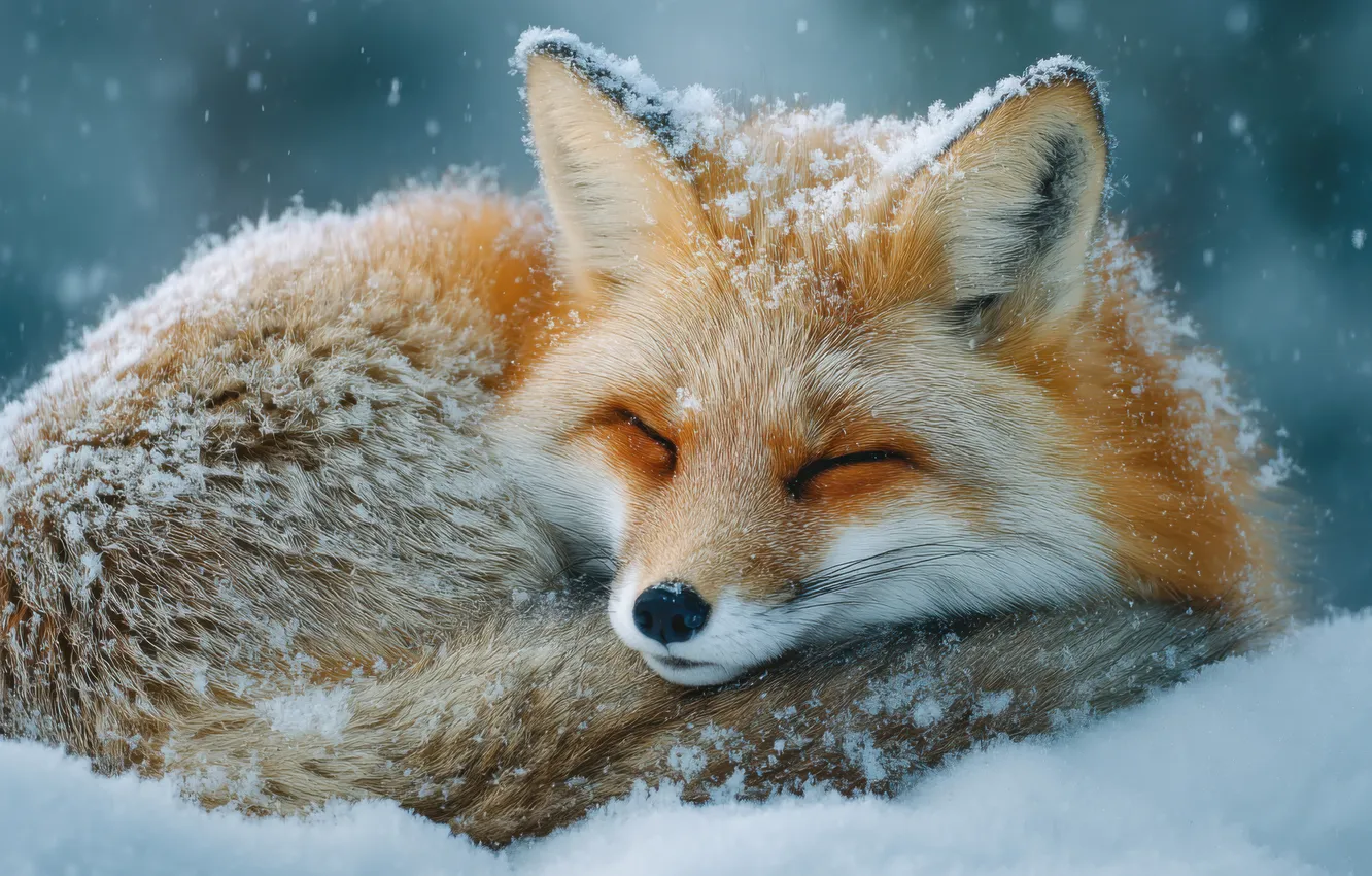 Photo wallpaper winter, snow, sleep, Fox, sleeping, tail, the snow, lies