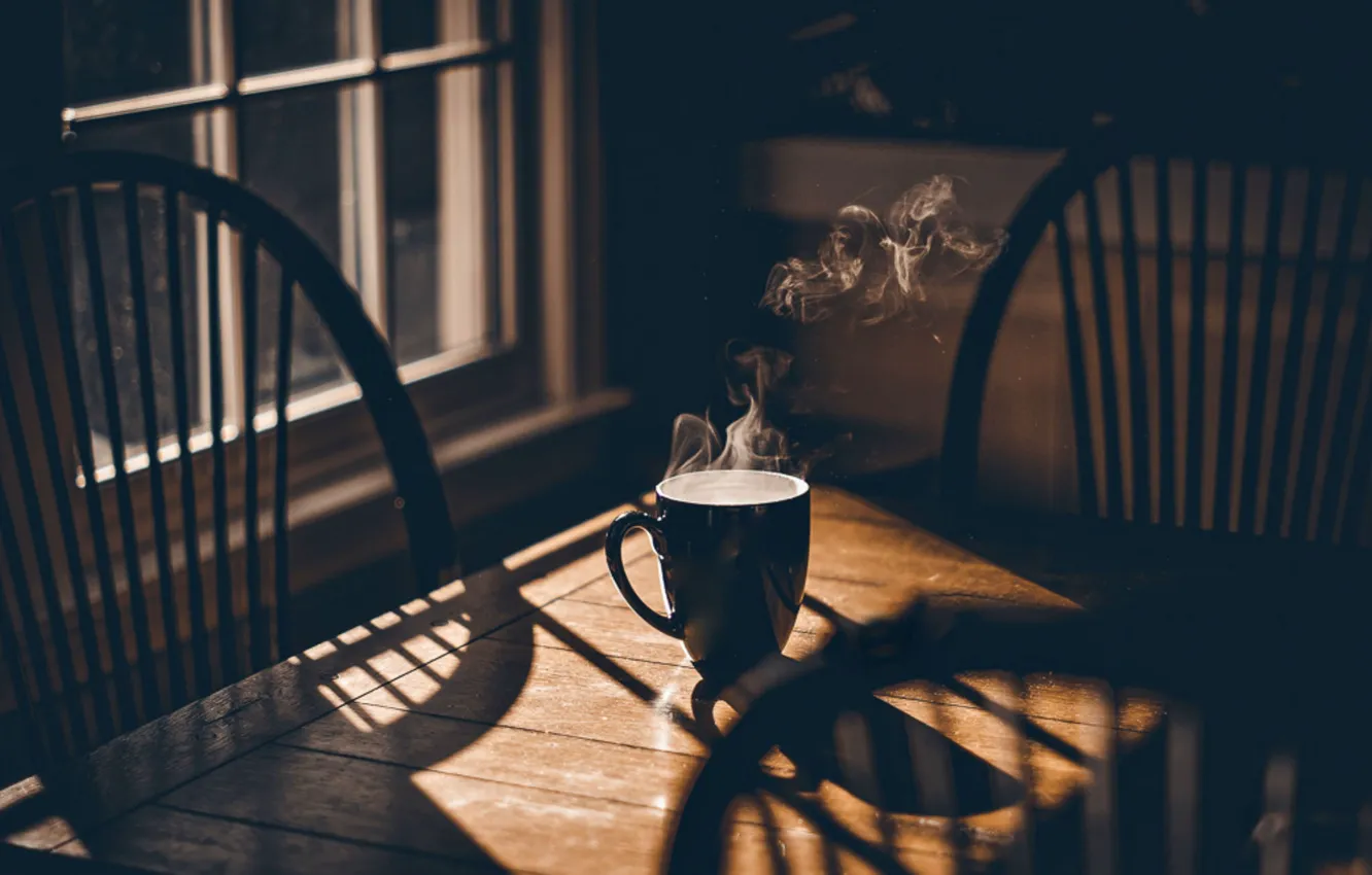 Photo wallpaper table, tree, tea, coffee, shadow, window, chair, couples