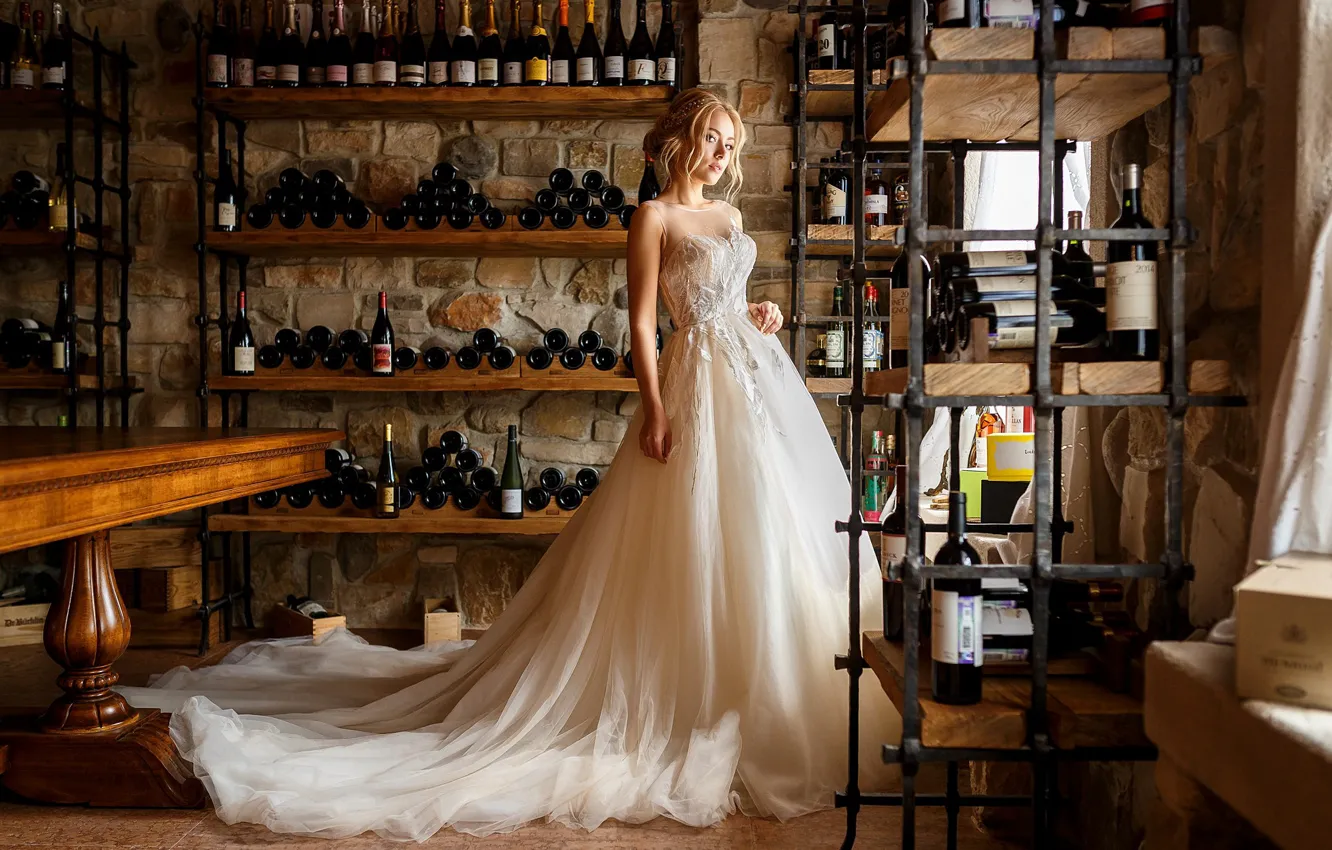 Photo wallpaper girl, pose, wine, dress, wedding, Anastasia Kosareva