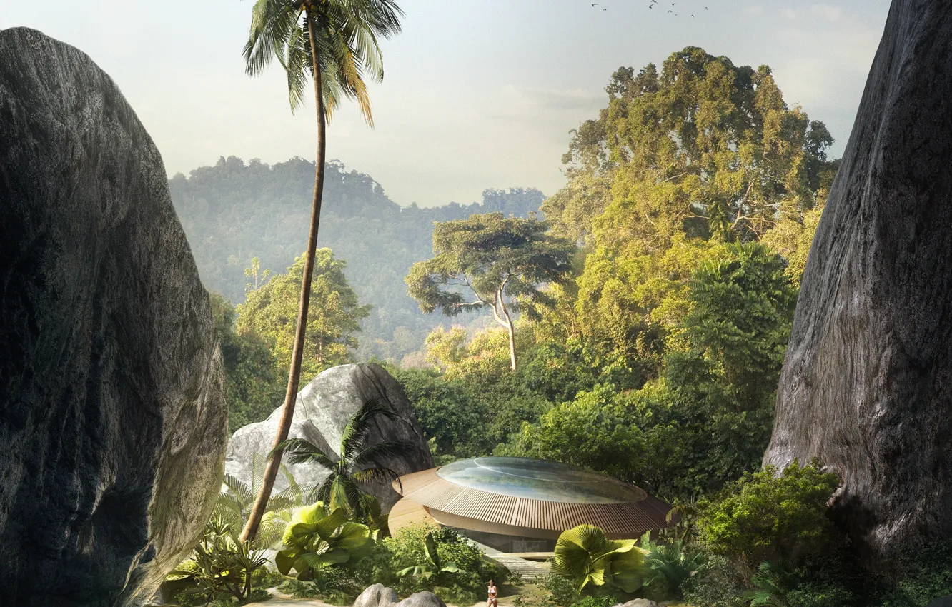 Photo wallpaper forest, palm trees, rocks, people, Lagoon