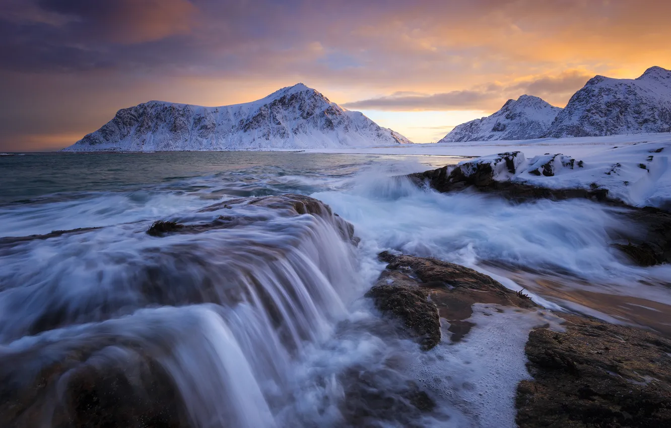 Photo wallpaper sea, mountains, dawn, Norway, Norway, The Lofoten Islands, The Norwegian sea, Lofoten