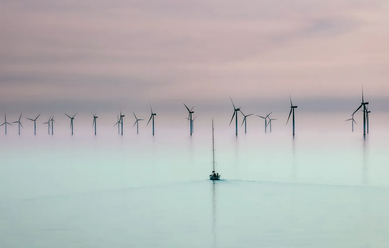 Photo wallpaper sea, boat, windmills