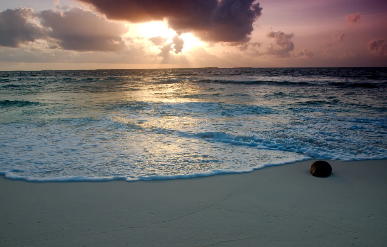 Photo wallpaper sand, sea, beach, the sky, foam, water, clouds, stone