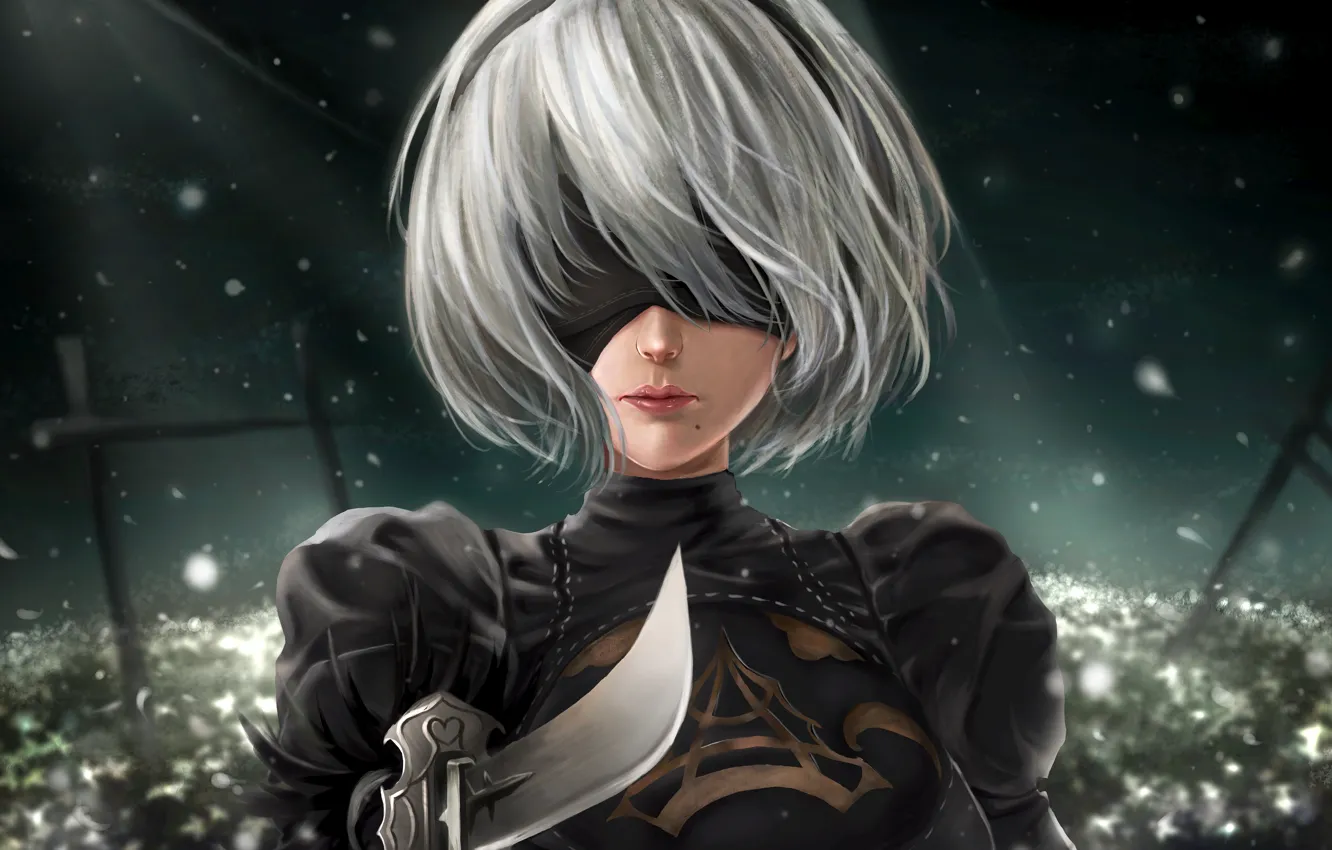 Photo wallpaper girl, flowers, dagger, NieR: Automata, YoRHa No. 2 Type B, by Those Girls