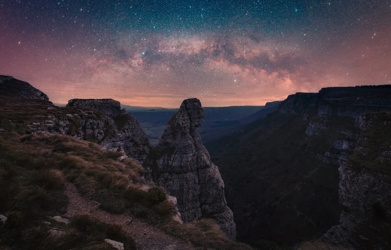 Photo wallpaper the sky, stars, mountains, night, rocks, height, the milky way
