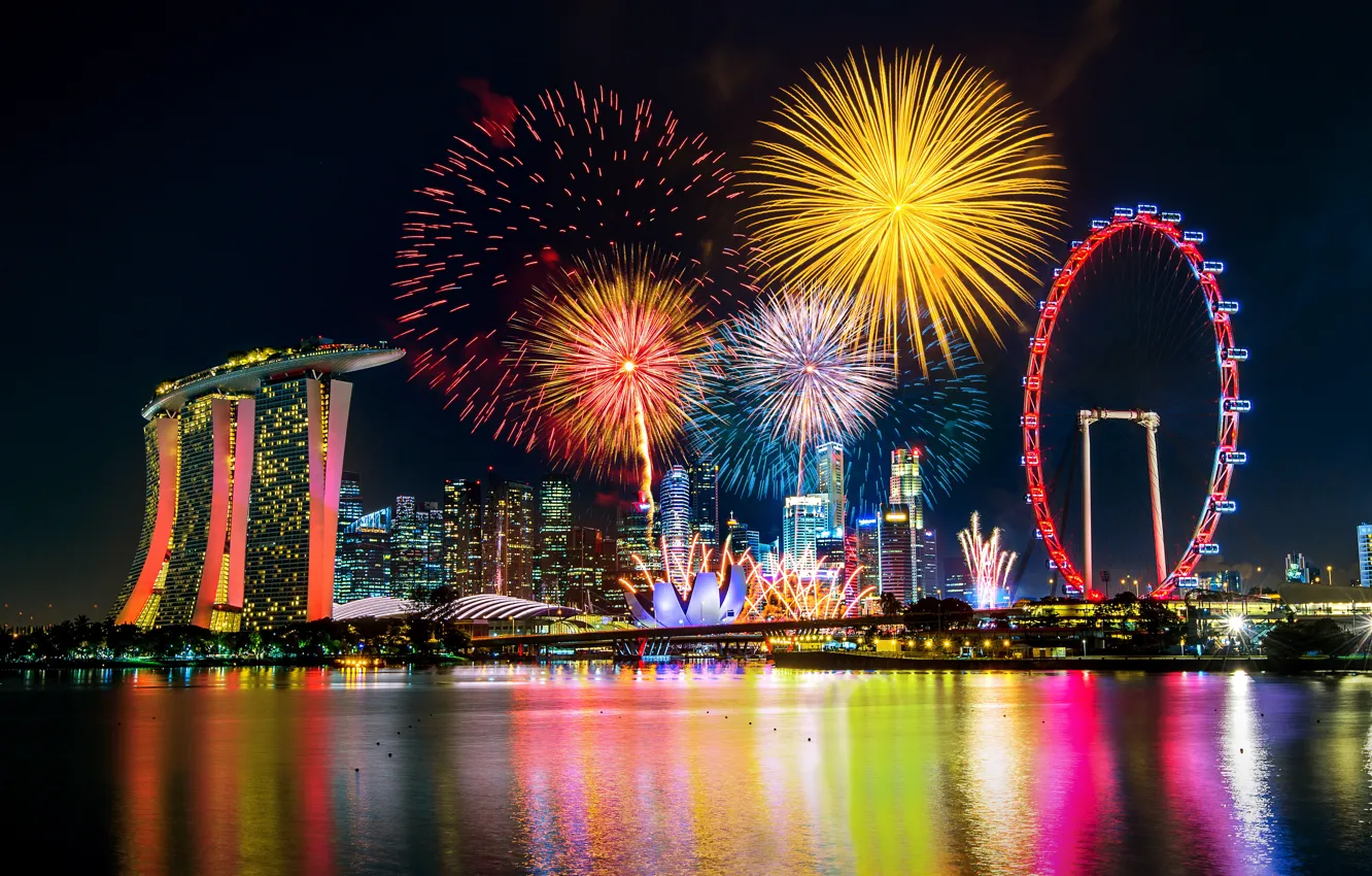 Photo wallpaper night, city, lights, new year, salute, colorful, fireworks, night