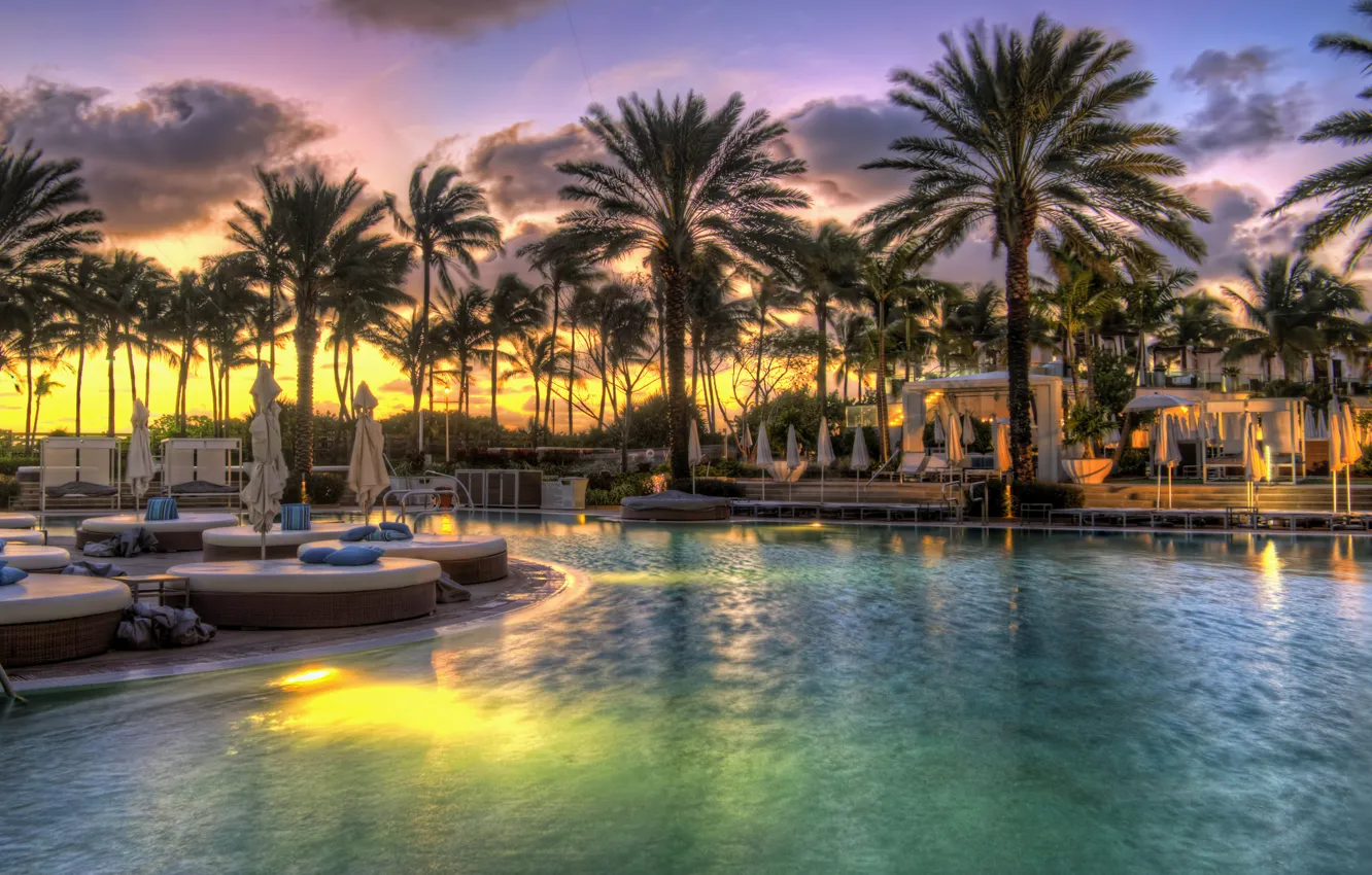 Photo wallpaper the sky, water, clouds, trees, sunset, nature