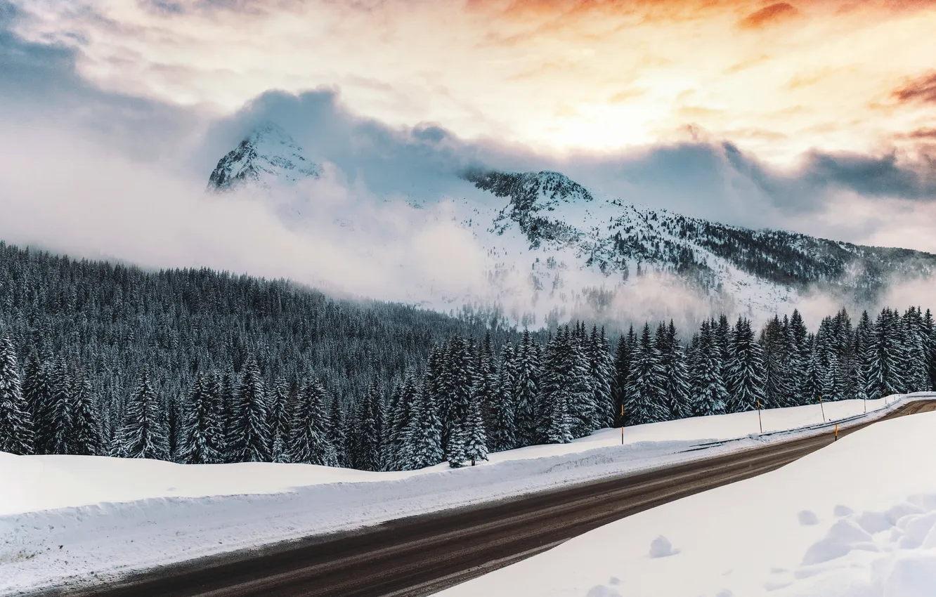 Photo wallpaper winter, road, forest, the sky, asphalt, the sun, clouds, snow