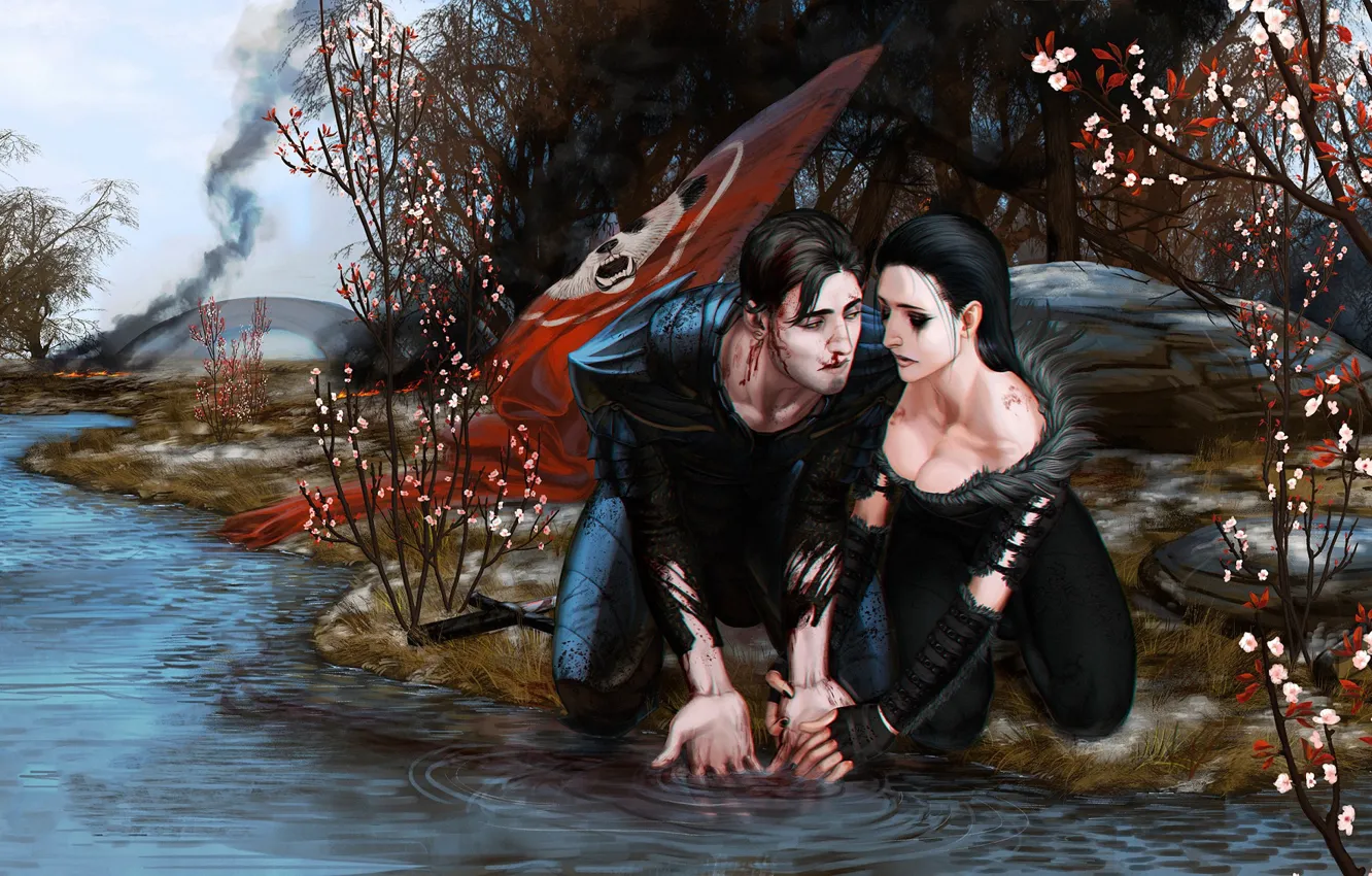 Photo wallpaper river, blood, woman, spring, flag, male, two