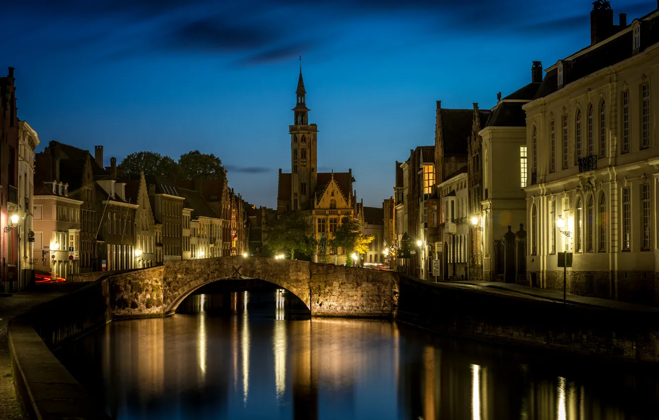 Photo wallpaper night, lights, Bruges, Saint Anna, West-Flanders