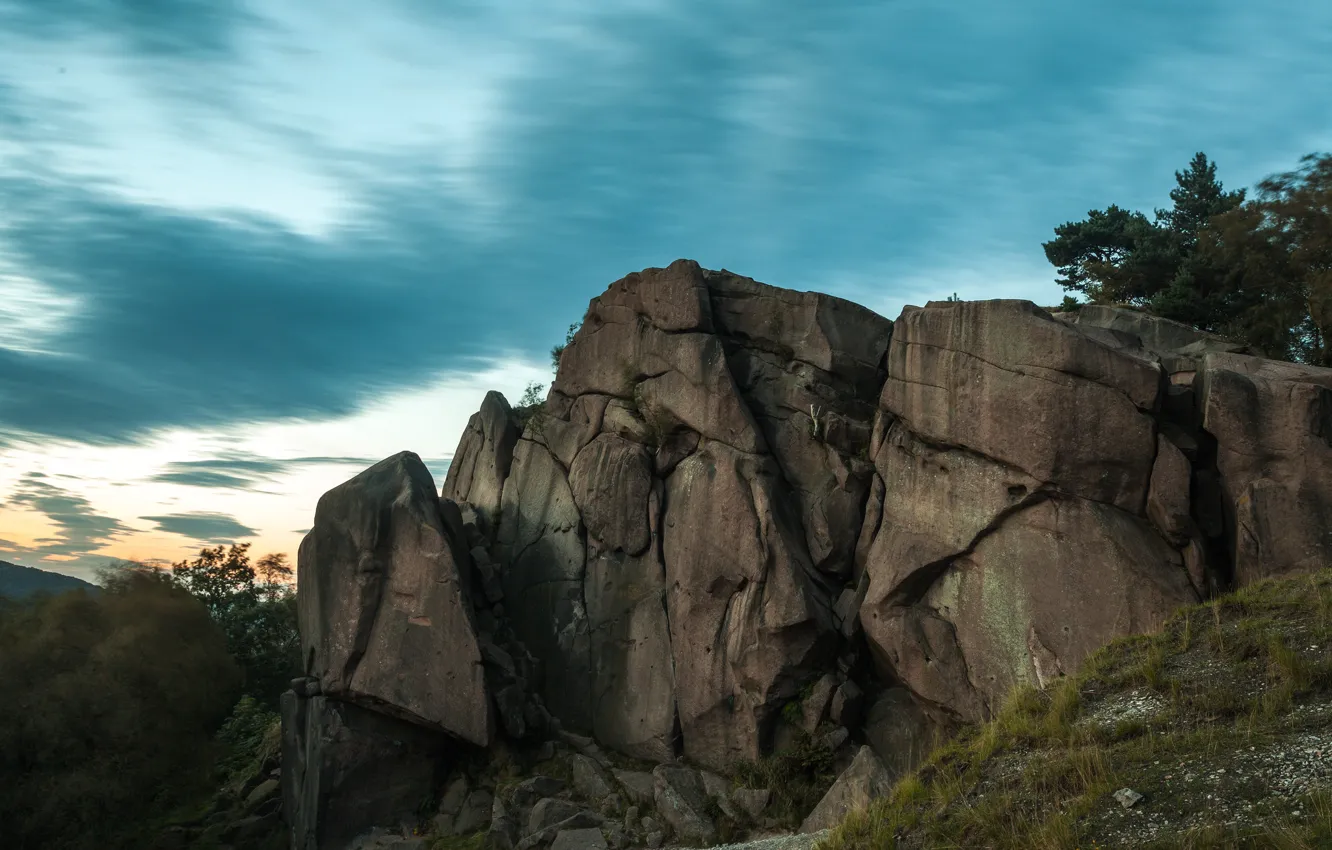 Photo wallpaper clouds, trees, rocks, the evening