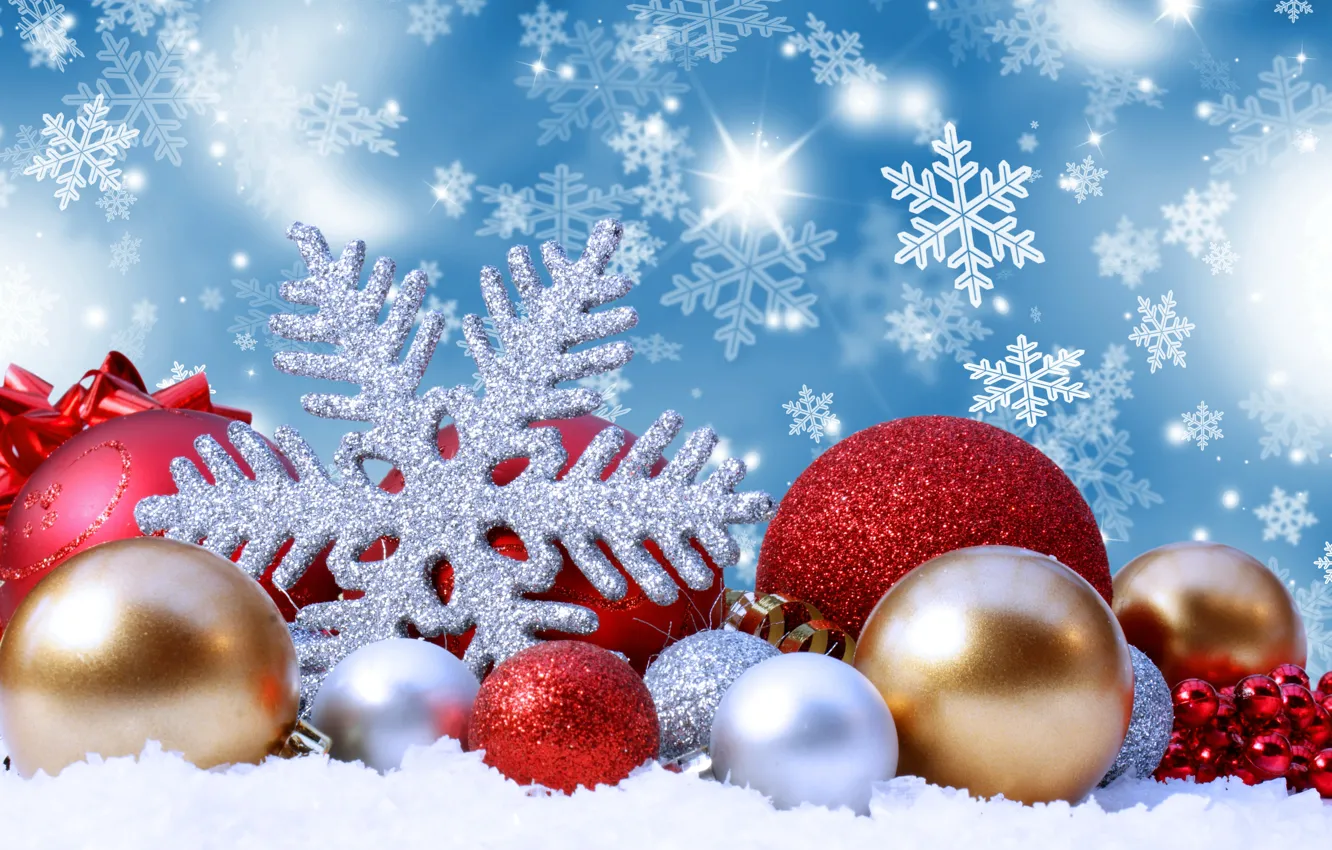 Photo wallpaper snow, decoration, snowflakes, balls, new year, Christmas, Christmas, balls