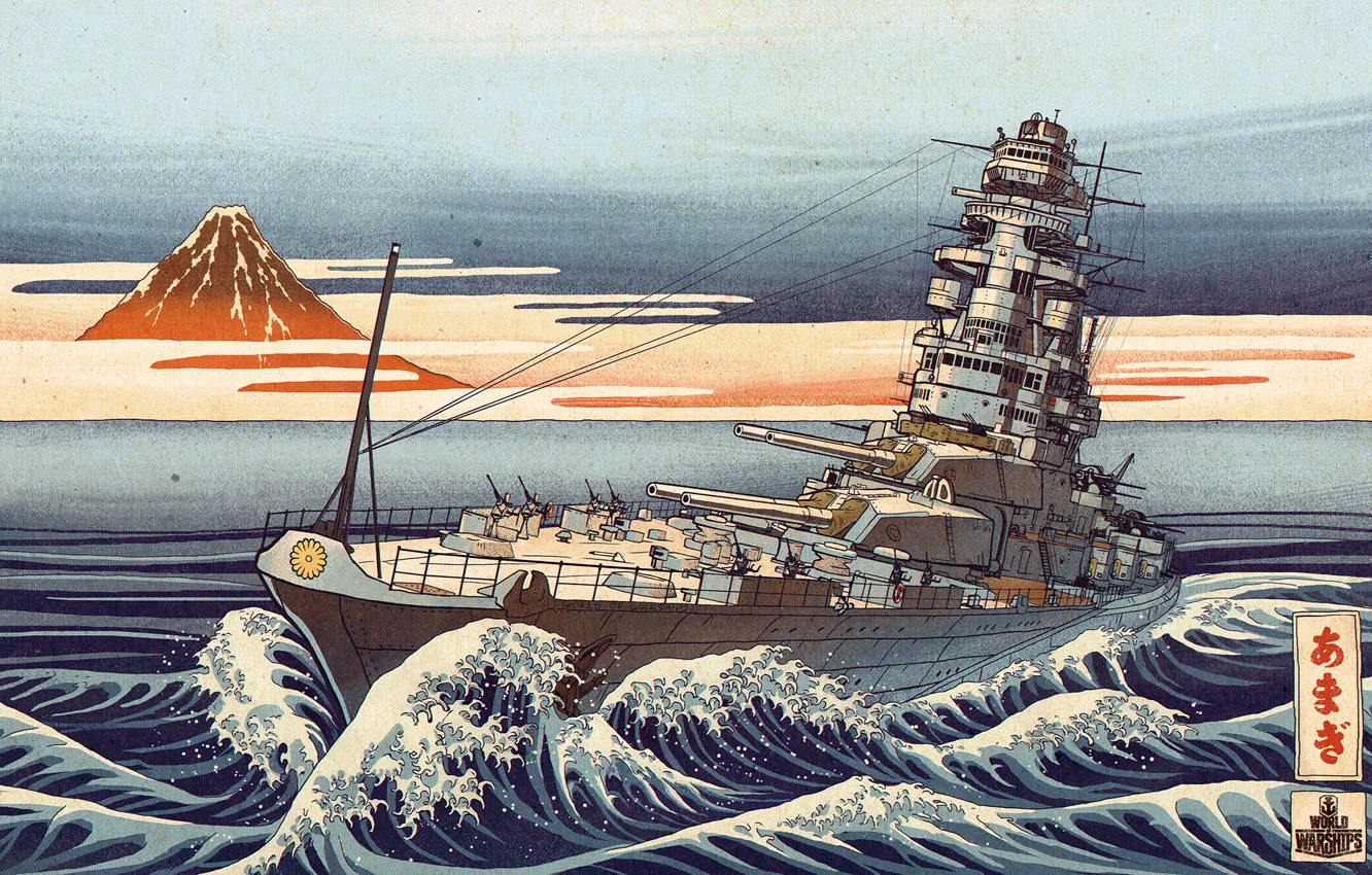 Photo wallpaper sea, wave, ship, picture, Japan, Hokusai, worldofwarships