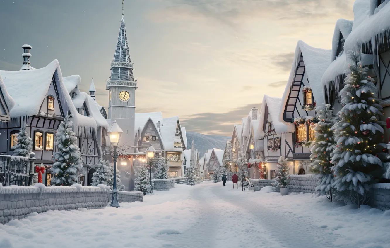 Photo wallpaper winter, snow, decoration, night, the city, lights, street, tree