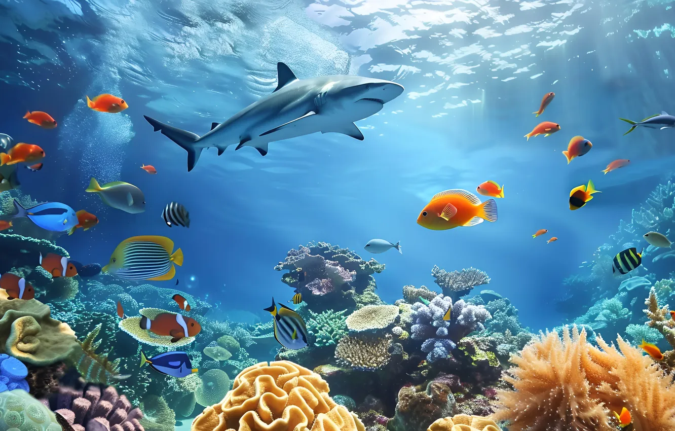 Photo wallpaper fish, predator, shark, corals, underwater world, digital art, AI art, The Art of Artificial Intelligence