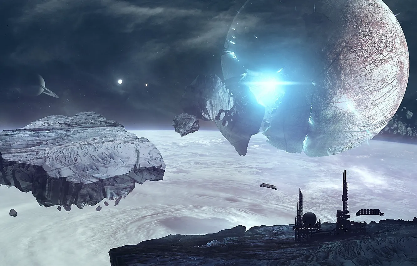 Photo wallpaper the wreckage, space, stars, the explosion, ship, planet, station, the atmosphere