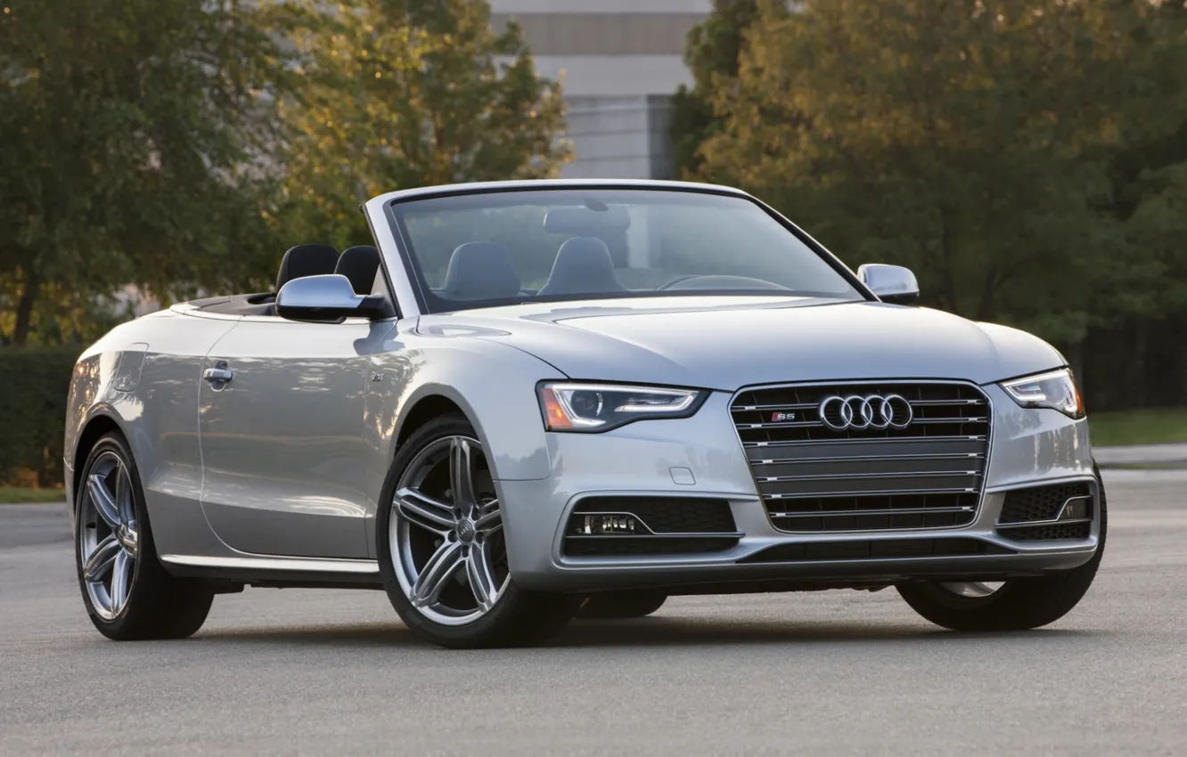 Photo wallpaper trees, grey, background, Audi, Audi, convertible, the front, Cabriolet