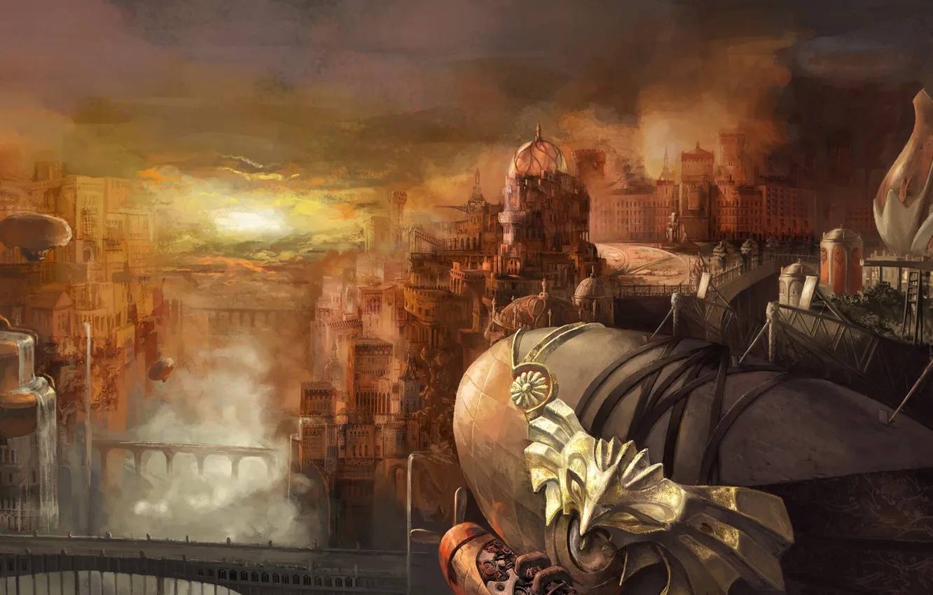 Photo wallpaper bridge, the city, fog, art, the airship, the dome