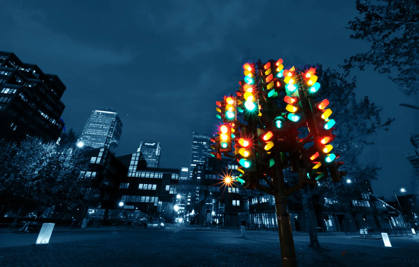 Photo wallpaper night, yellow, red, the city, green, street, area, traffic light