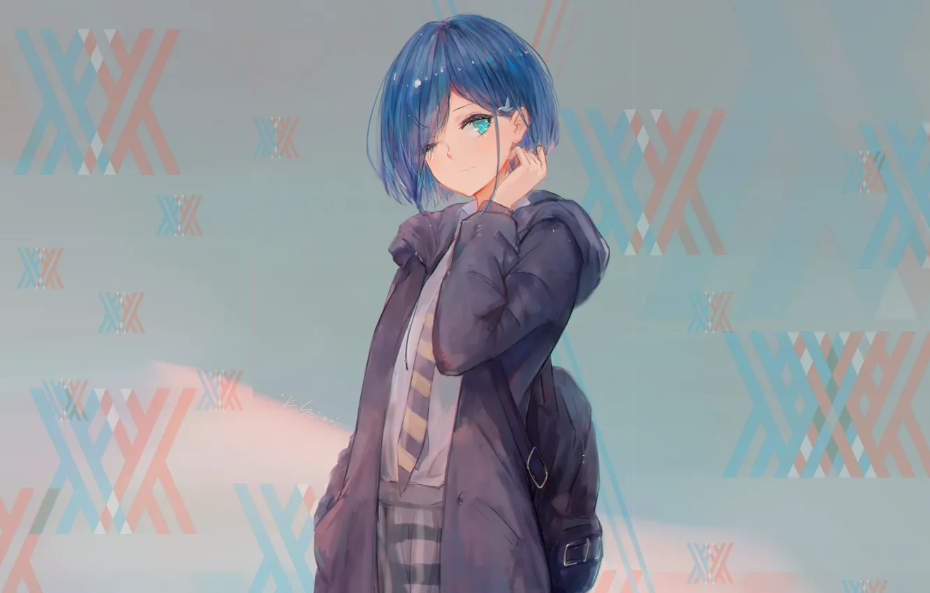 Photo wallpaper look, girl, grey background, Darling In The Frankxx