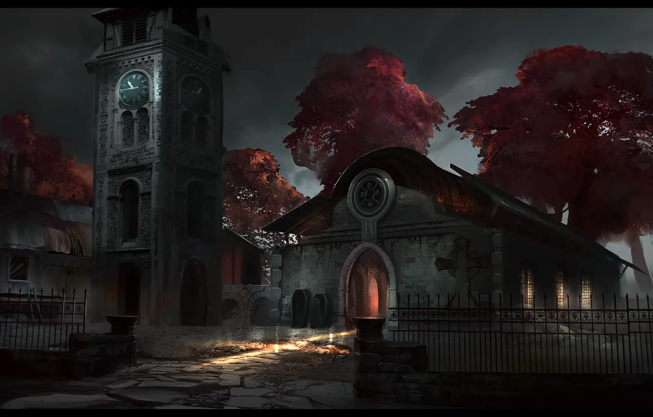 Photo wallpaper light, trees, house, the fence, watch, tower, coffins, dear lord