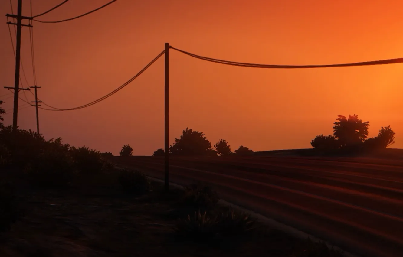 Photo wallpaper road, sunset, posts, wire, gta 5, GTA 5