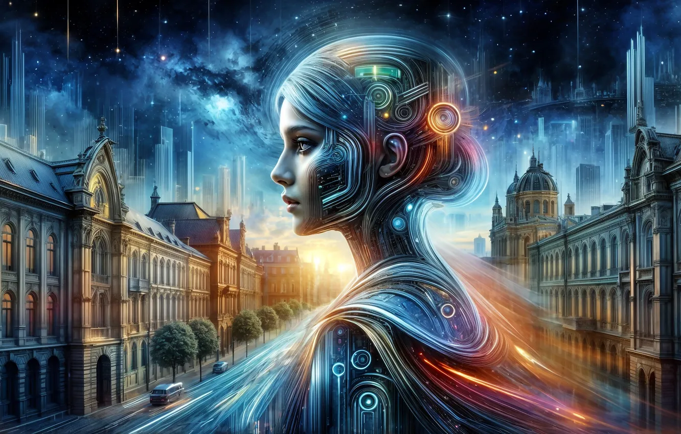 Photo wallpaper look, girl, stars, night, the city, lights, future, fiction