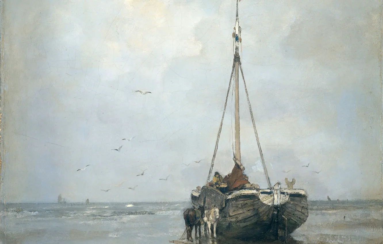 Photo wallpaper sea, oil, picture, canvas, Jacob Maris Hendrikus, Ship on the Beach of Scheveningen